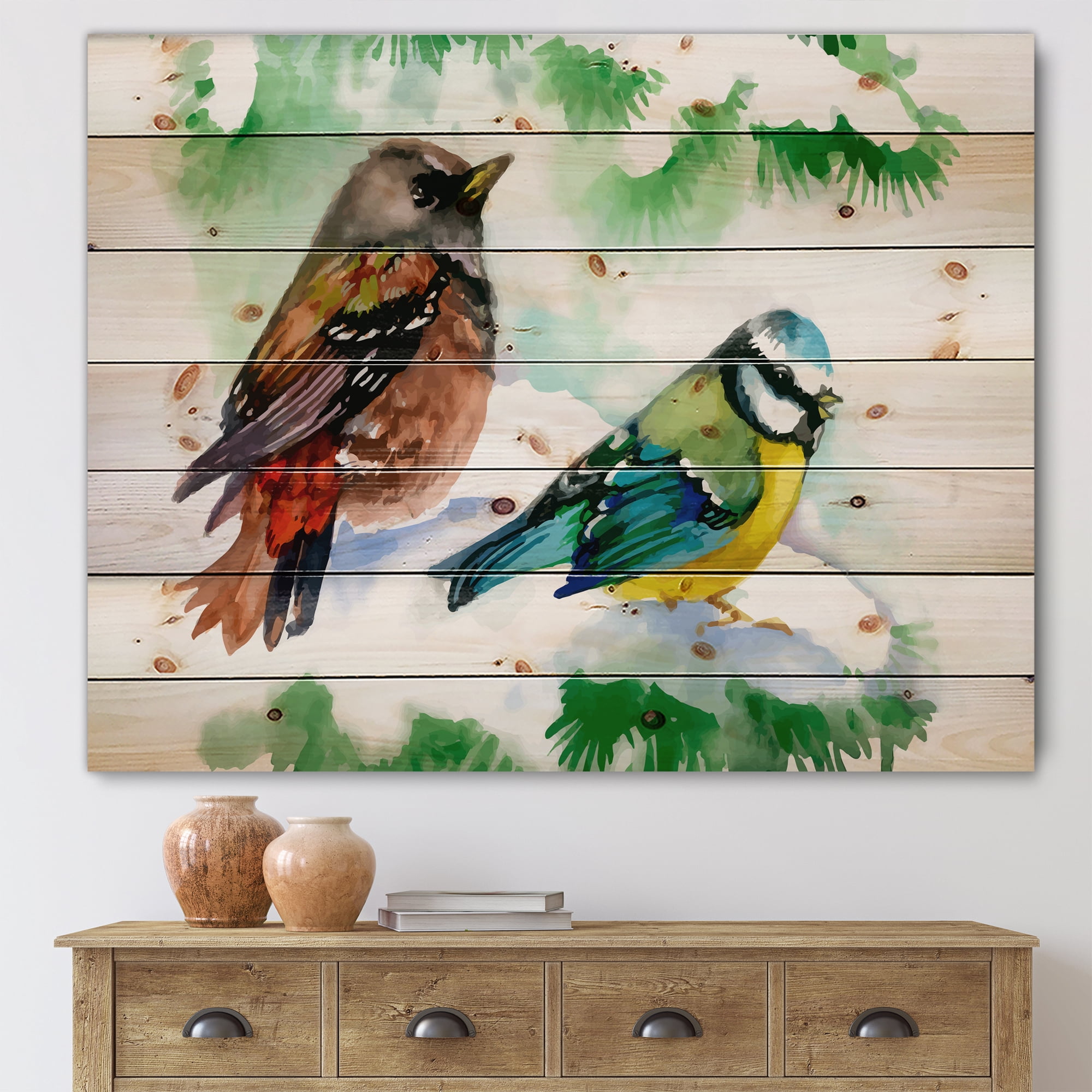 Designart 'Forest Birds Sitting On Snowy Fir Tree Branch' Traditional Print on Natural Pine Wood