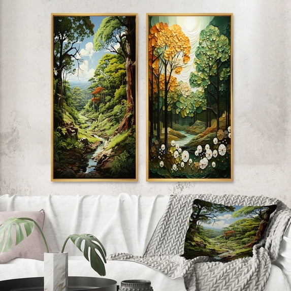 Designart "Forest Canopy Portrayed Trees in Harmony III" Trees Framed Wall Art Set Of 2 - Green Landscapes Framed Canvas Set For Living Room Decor