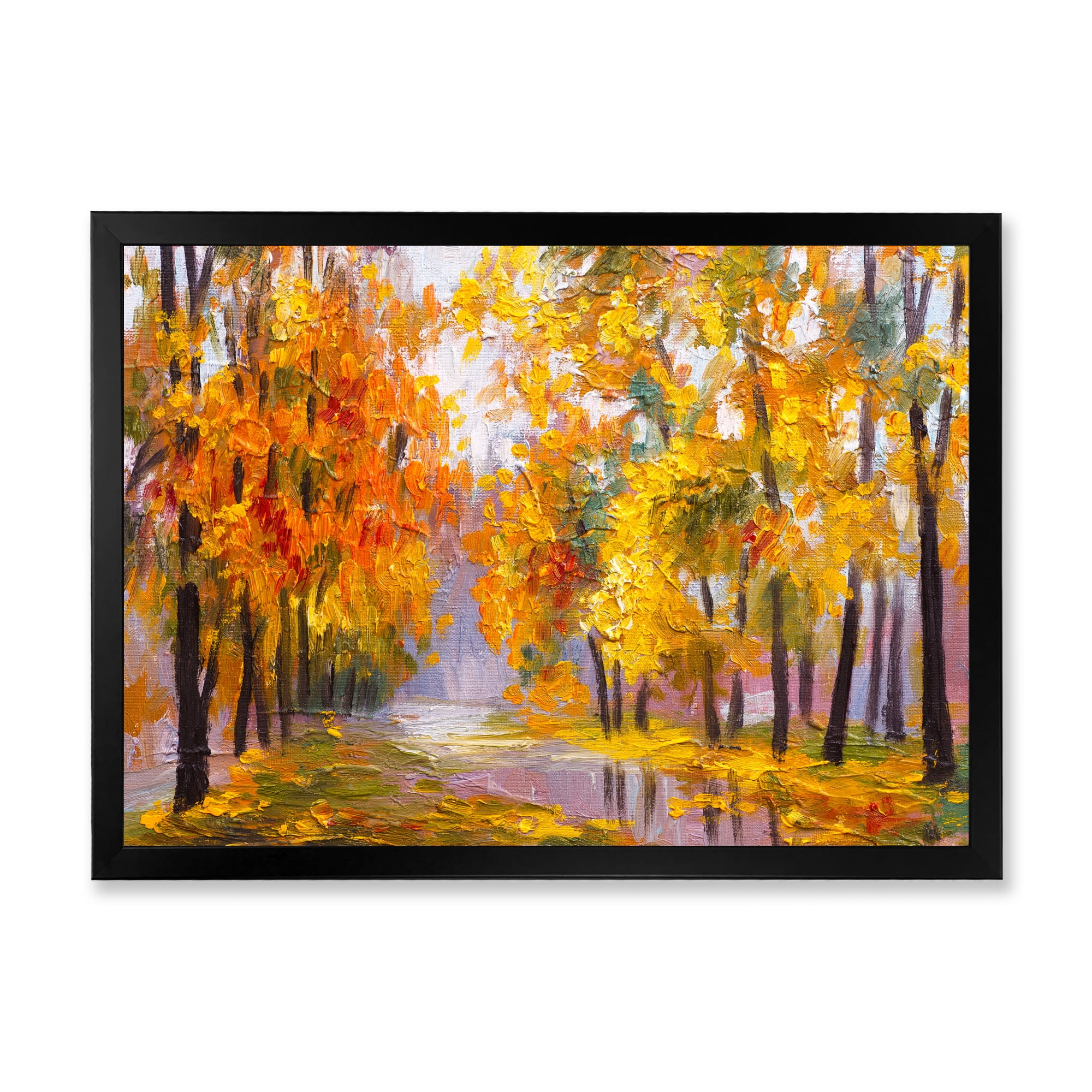 Designart 'Forest Full Of Fallen Leaves In Autumn Along River' Lake House Framed Art Print