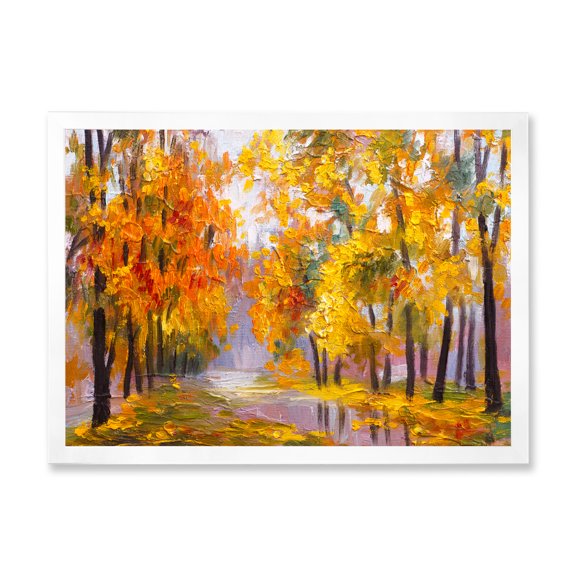 Designart 'Forest Full Of Fallen Leaves In Autumn Along River' Lake House Framed Art Print
