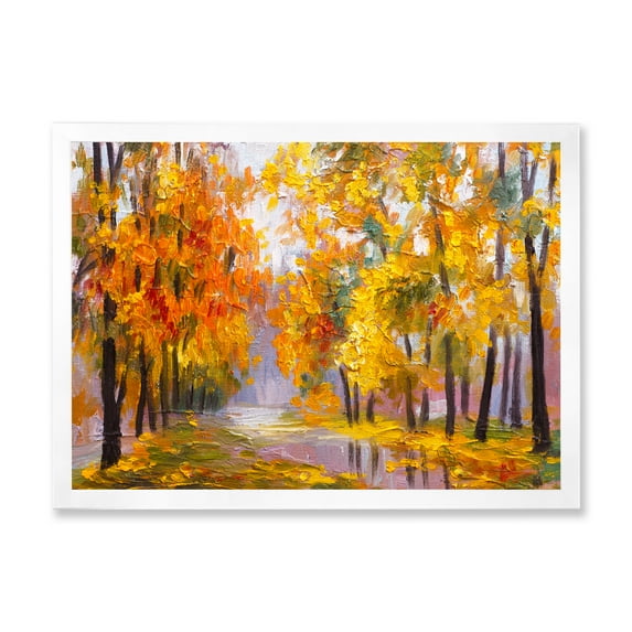 Designart 'Forest Full Of Fallen Leaves In Autumn Along River' Lake House Framed Art Print