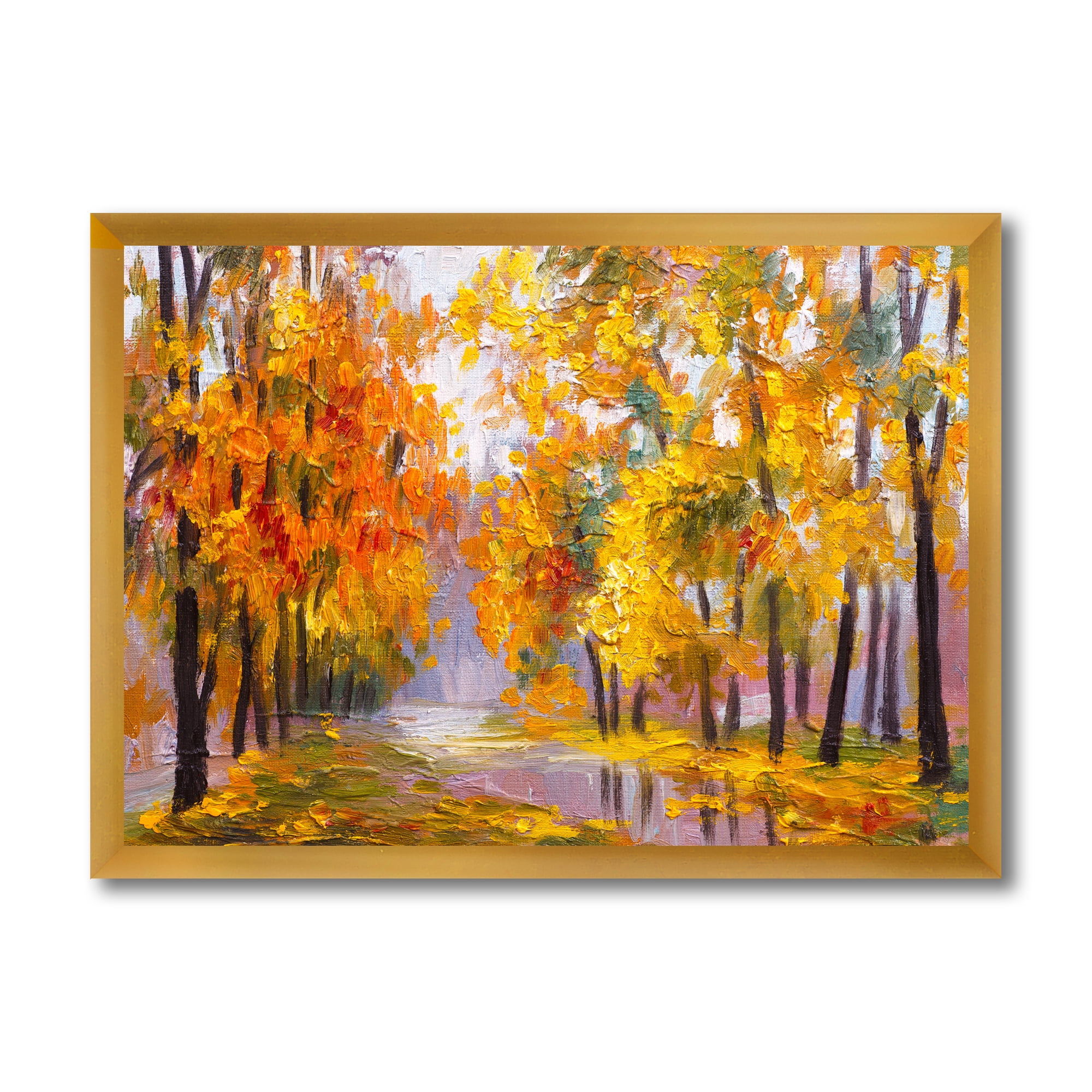 Designart 'Forest Full Of Fallen Leaves In Autumn Along River' Lake House Framed Art Print