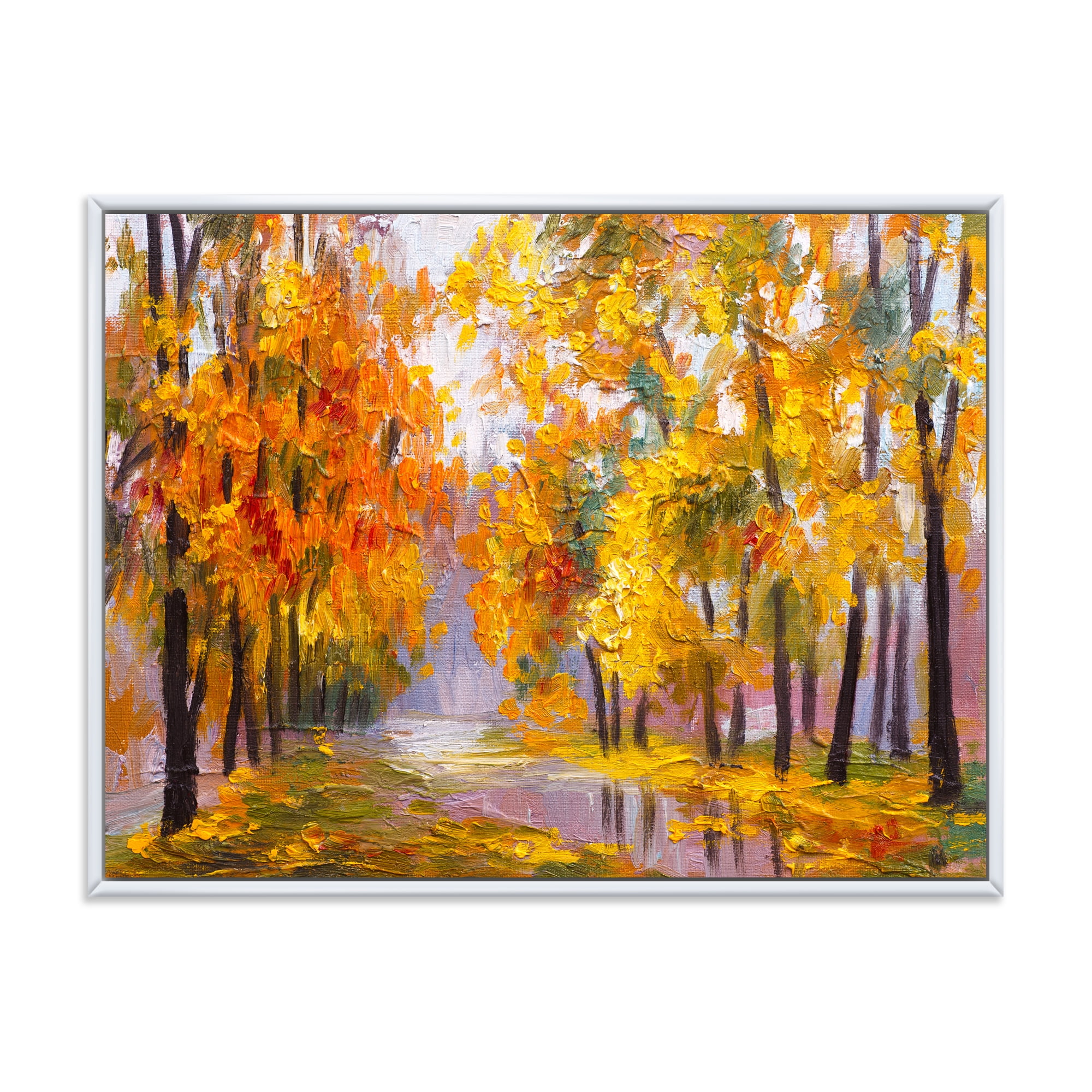 Designart 'Forest Full Of Fallen Leaves In Autumn Along River' Lake House Framed Canvas Wall Art Print