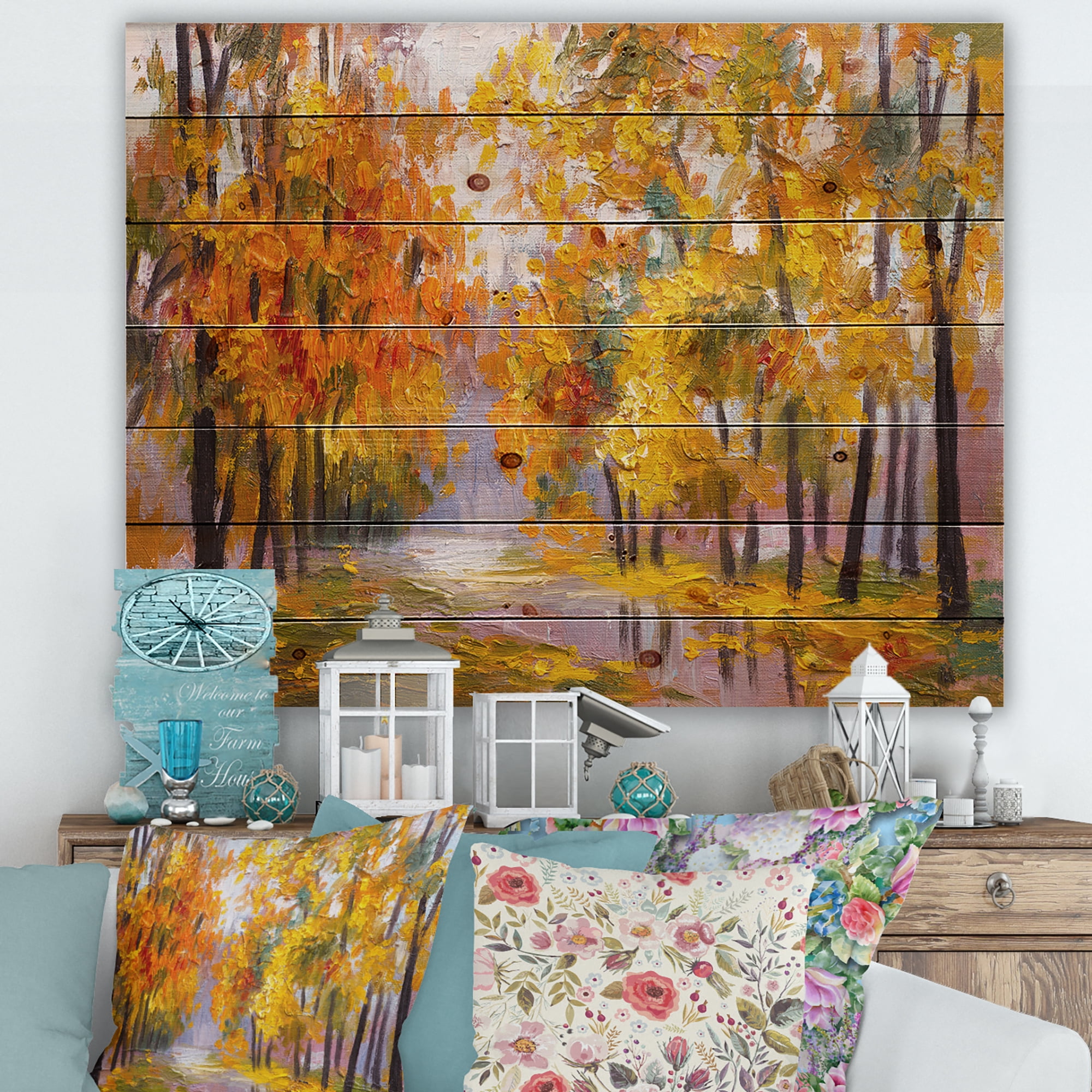 Designart 'Forest Full Of Fallen Leaves In Autumn Along River' Lake House Print on Natural Pine Wood