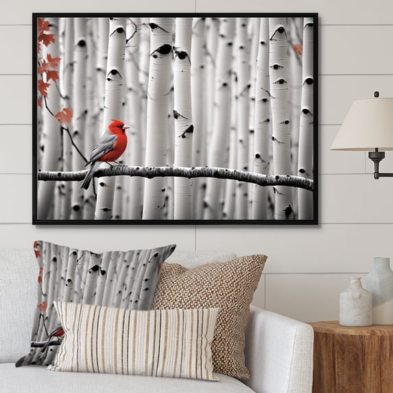 Designart "Forest Guardian Monochrome Red Grey Bird I" Animals Floater Framed Canvas Wall Art