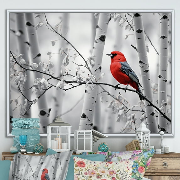 Designart "Forest Guardian Monochrome Red Grey Bird II" Animals Floater Framed Canvas Print