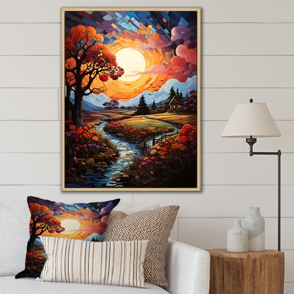 Designart "Forest Lake Sunset Over painting" Landscape & Nature Floater Framed Wall Decor