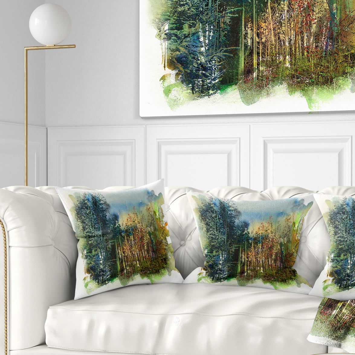 Designart Forest Motif Watercolor - Landscape Painting Throw Pillow - 16x16