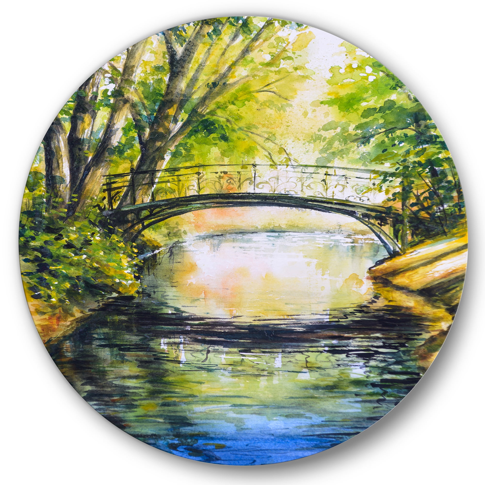 Designart 'Forest Park With Bridge Over Troubled Water' Lake House Circle Metal Wall Art 23x23 - Disc of 23