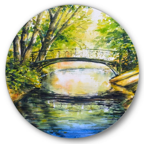 Designart 'Forest Park With Bridge Over Troubled Water' Lake House Circle Metal Wall Art 36x36 - Disc of 36