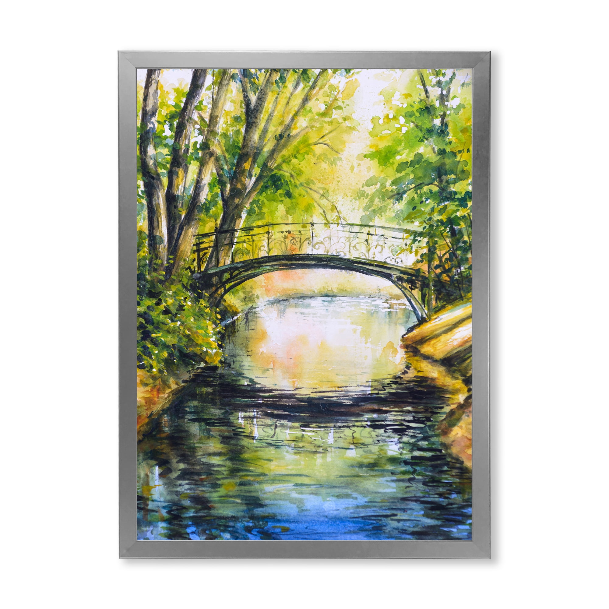 Designart 'Forest Park With Bridge Over Troubled Water' Lake House Framed Art Print