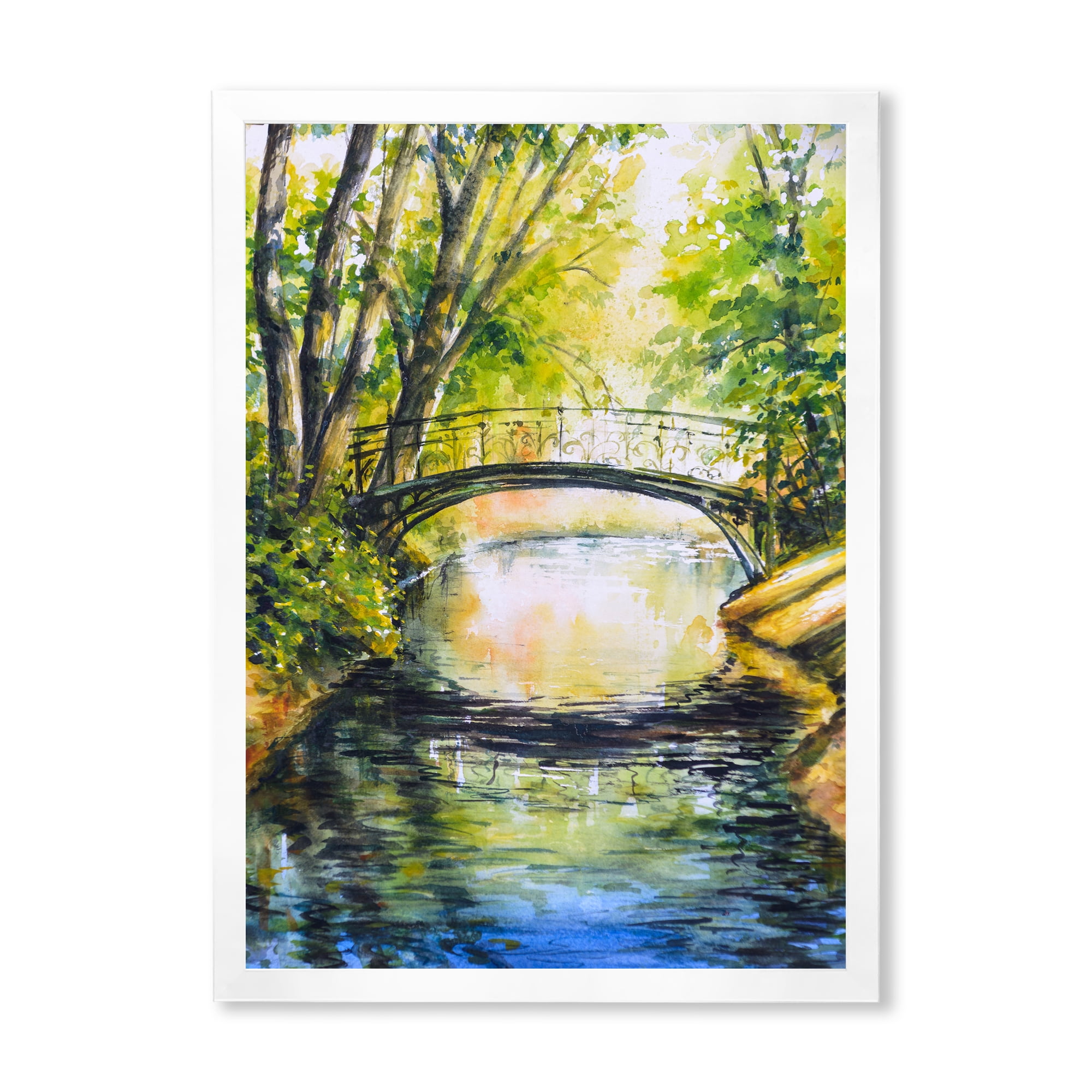 Designart 'Forest Park With Bridge Over Troubled Water' Lake House Framed Art Print