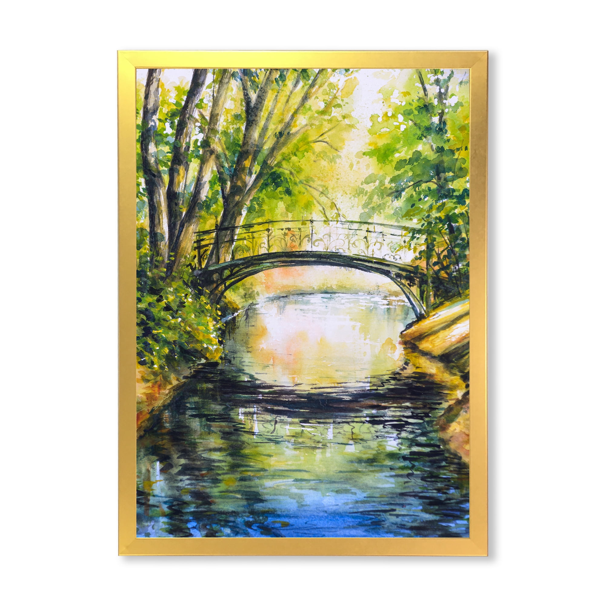 Designart 'Forest Park With Bridge Over Troubled Water' Lake House Framed Art Print