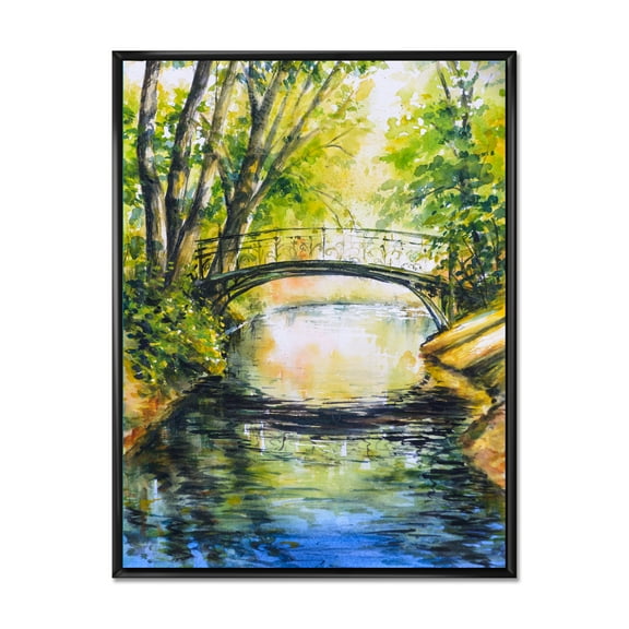 Designart 'Forest Park With Bridge Over Troubled Water' Lake House Framed Canvas Wall Art Print