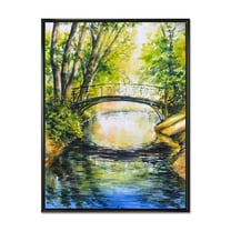 Designart 'Forest Park With Bridge Over Troubled Water' Lake House Framed Canvas Wall Art Print