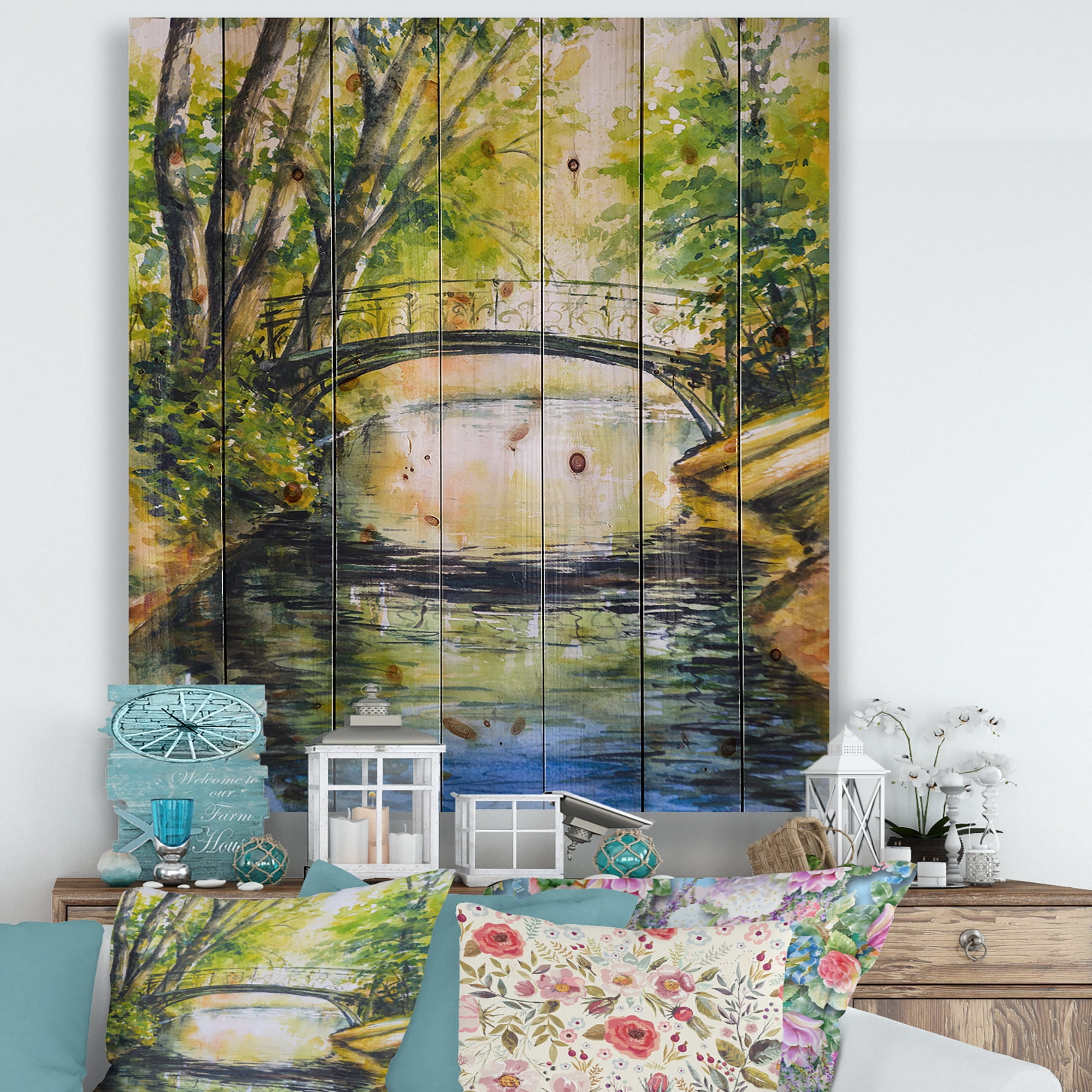 Designart 'Forest Park With Bridge Over Troubled Water' Lake House Print on Natural Pine Wood