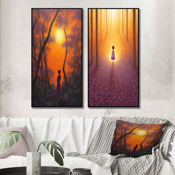 Designart "Forest Stroll Amidst Jacaranda Trees I" Forest Framed Wall Art Set Of 2 - Traditional Yellow Framed Canvas Set For Living Room Decor