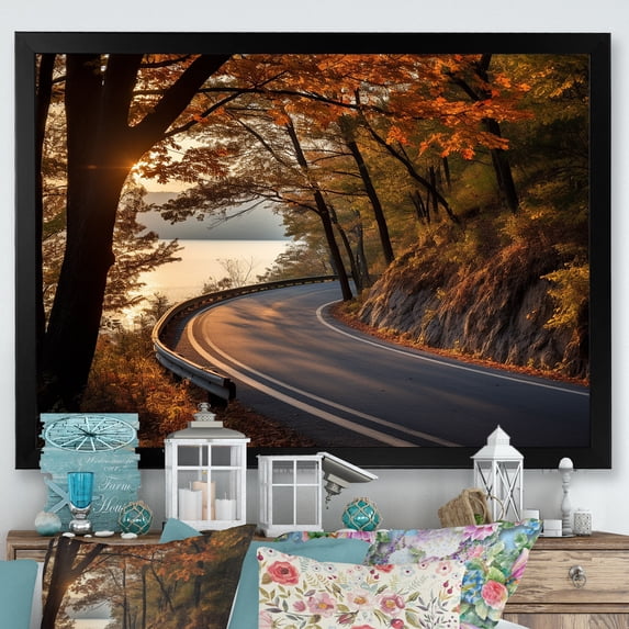 Designart "Forest Trail Autumn's Beauty" Landscapes Framed Wall Art Decor - Modern Orange Road Entryway Framed Wall Art