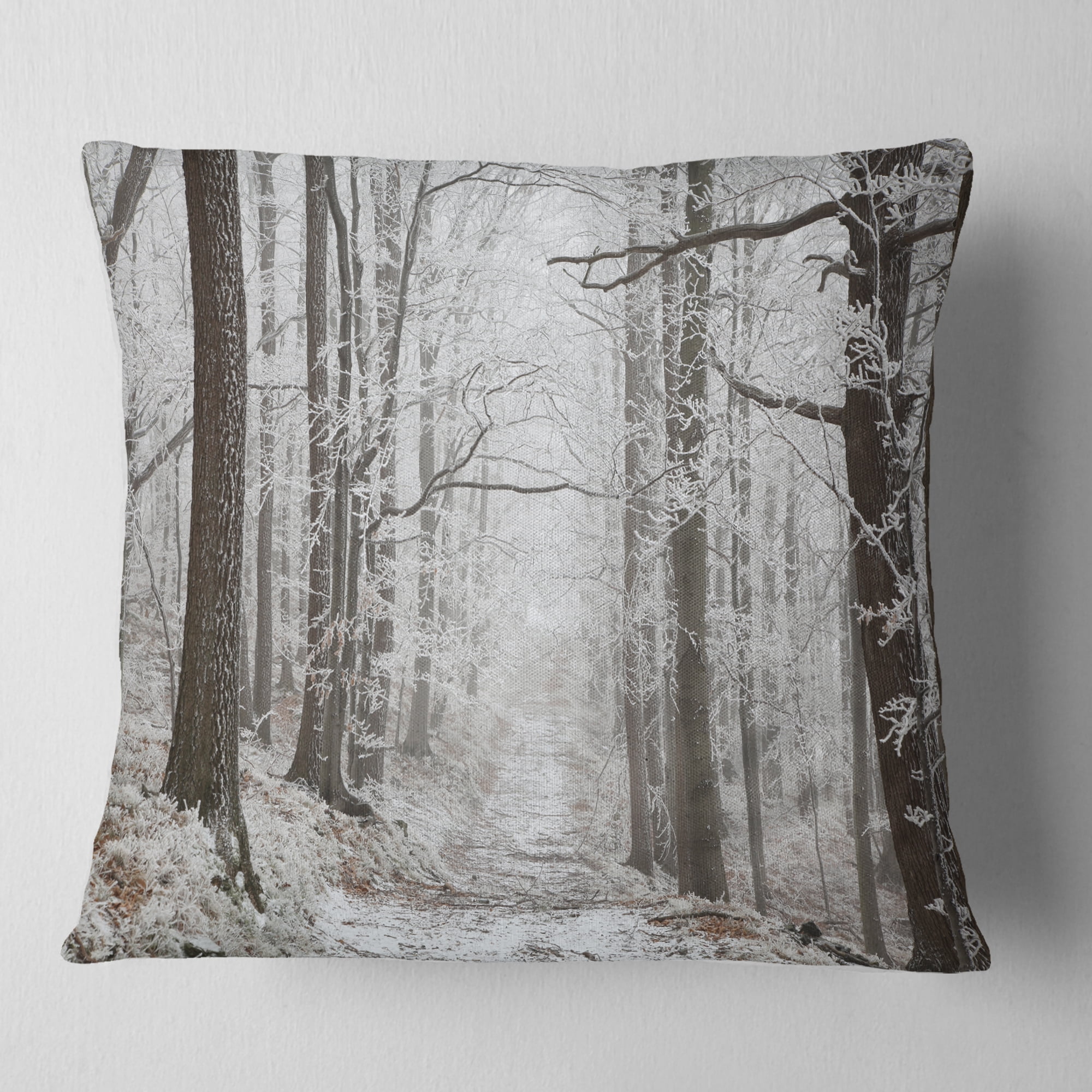 Designart Forest Trail on Winter Morning - Forest Throw Pillow - 18x18
