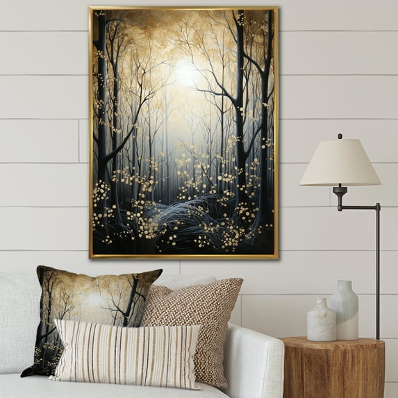Designart "Forest Tree Monochrome Moonlit Forms I" Landscape & Nature Floater Framed Wall Art Living Room
