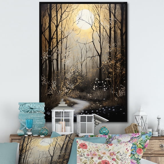 Designart "Forest Tree Monochrome Moonlit Forms II" Traditional Floater Framed Canvas Art Print
