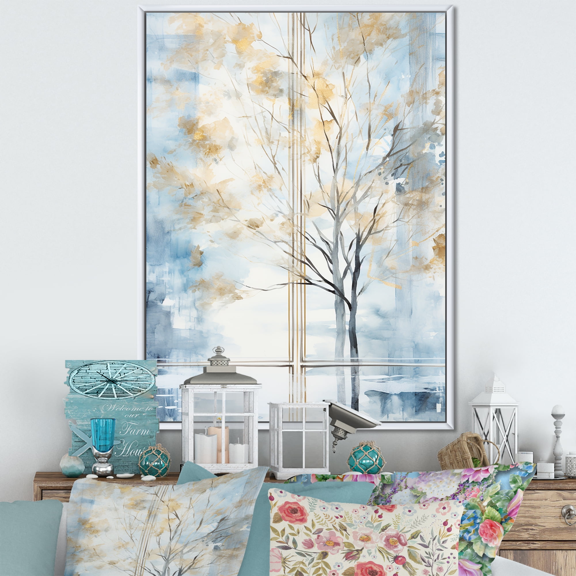 Blue and White Forest View Landscape Canvas Print with White Frame