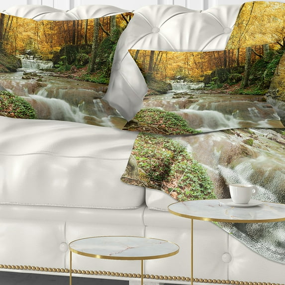 Designart Forest Waterfall with Yellow Trees - Landscape Printed Throw Pillow - 12x20