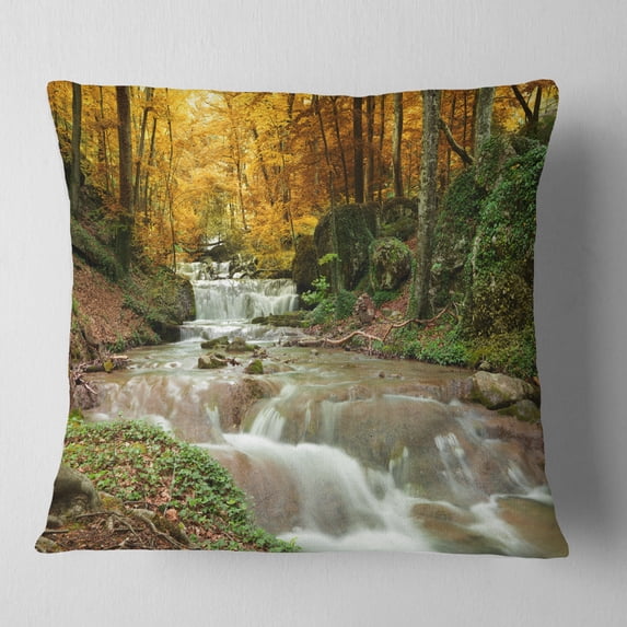 Designart Forest Waterfall with Yellow Trees - Landscape Printed Throw Pillow - 16x16