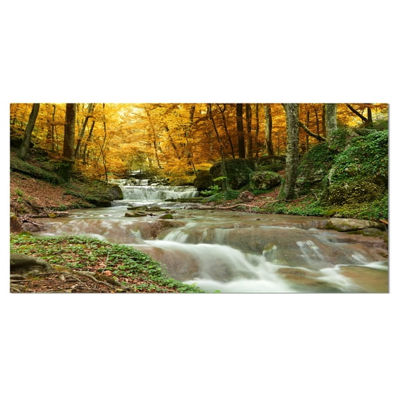 Designart 'Forest Waterfall with Yellow Trees ' Large Landscape Canvas Art Print
