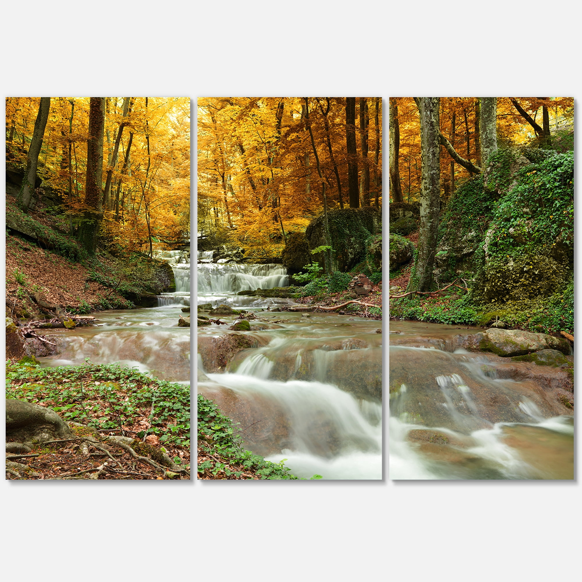 Designart 'Forest Waterfall with Yellow Trees ' Large Landscape Canvas Art Print