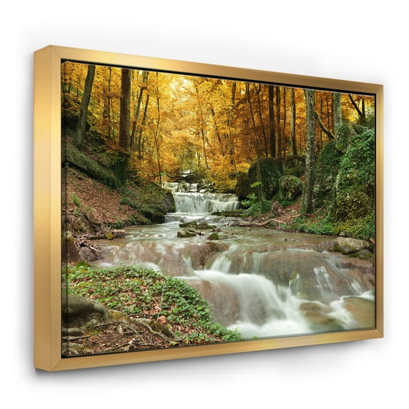 Designart ' Forest Waterfall with Yellow Trees ' Large Landscape Framed Canvas Art Print