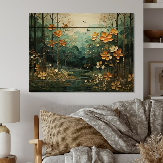 Designart "Forest captivate Canopy Patchwork II" Landscapes Print on Natural Pine Wood