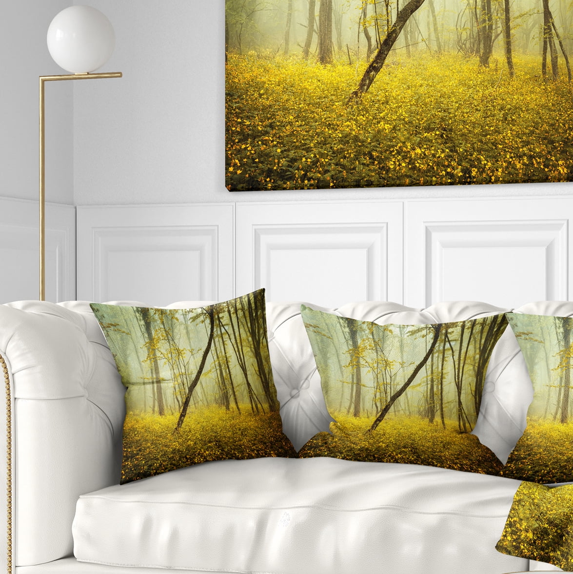 Designart Forest with Yellow Flowers - Landscape Photography Throw Pillow - 16x16