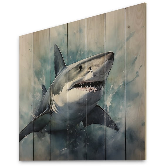 Designart "Formidable Shark II" Animals Print on Natural Pine Wood