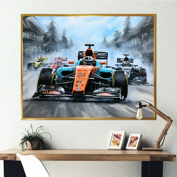 Designart "Formula Car Race Tracks in Orange and Blue" Architecture Framed Wall Art - Modern Orange Race Tracks Entryway Framed Wall Art Print
