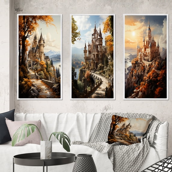 Designart "Fortress Golden Castles Majestic wall art II" Cityscapes Framed Wall Art Set Of 3 - Beige Castles Frame Gallery Set For Office Decor