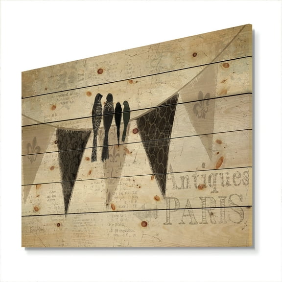 Designart 'Four French Bird Flea Market' Farmhouse Print on Natural Pine Wood