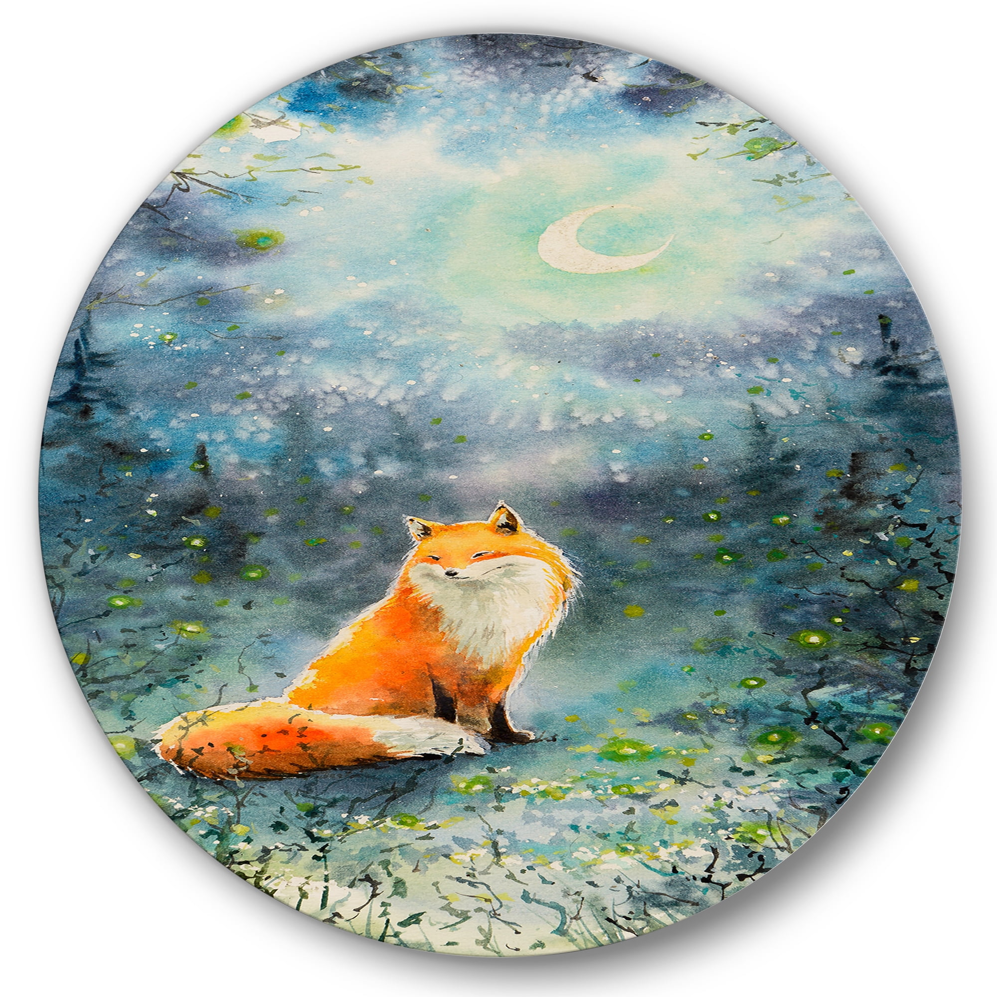 Designart 'Fox Over A Night Sky With Moon' Children's Art Circle Metal Wall Art 11x11 - Disc of 11
