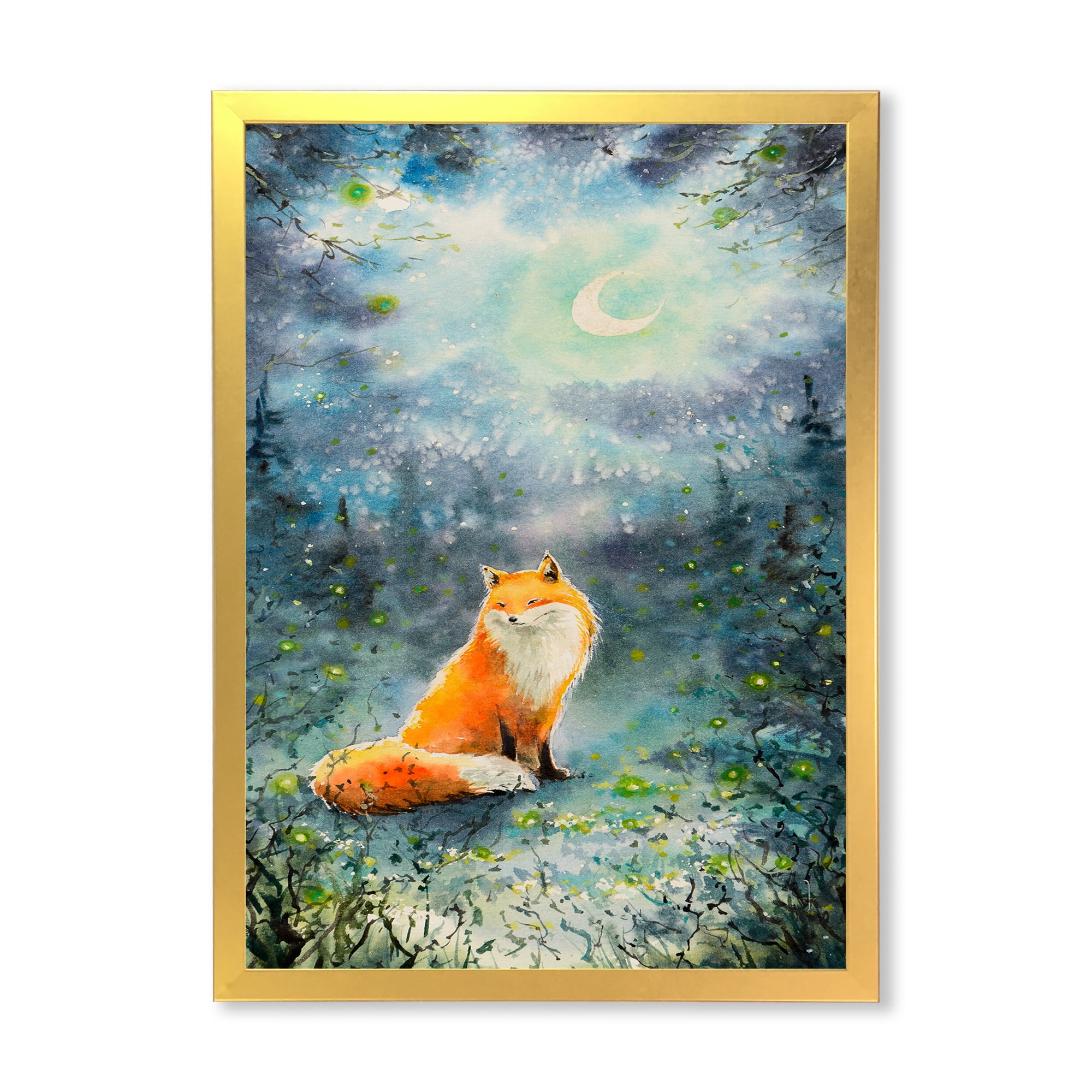 Designart 'Fox Over A Night Sky With Moon' Children's Art Framed Art Print