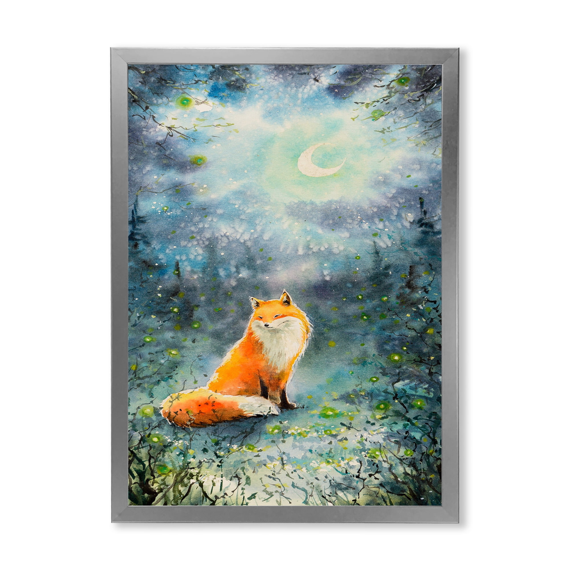 Designart 'Fox Over A Night Sky With Moon' Children's Art Framed Art Print