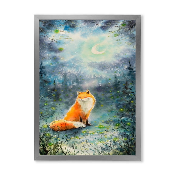 Designart 'Fox Over A Night Sky With Moon' Children's Art Framed Art Print