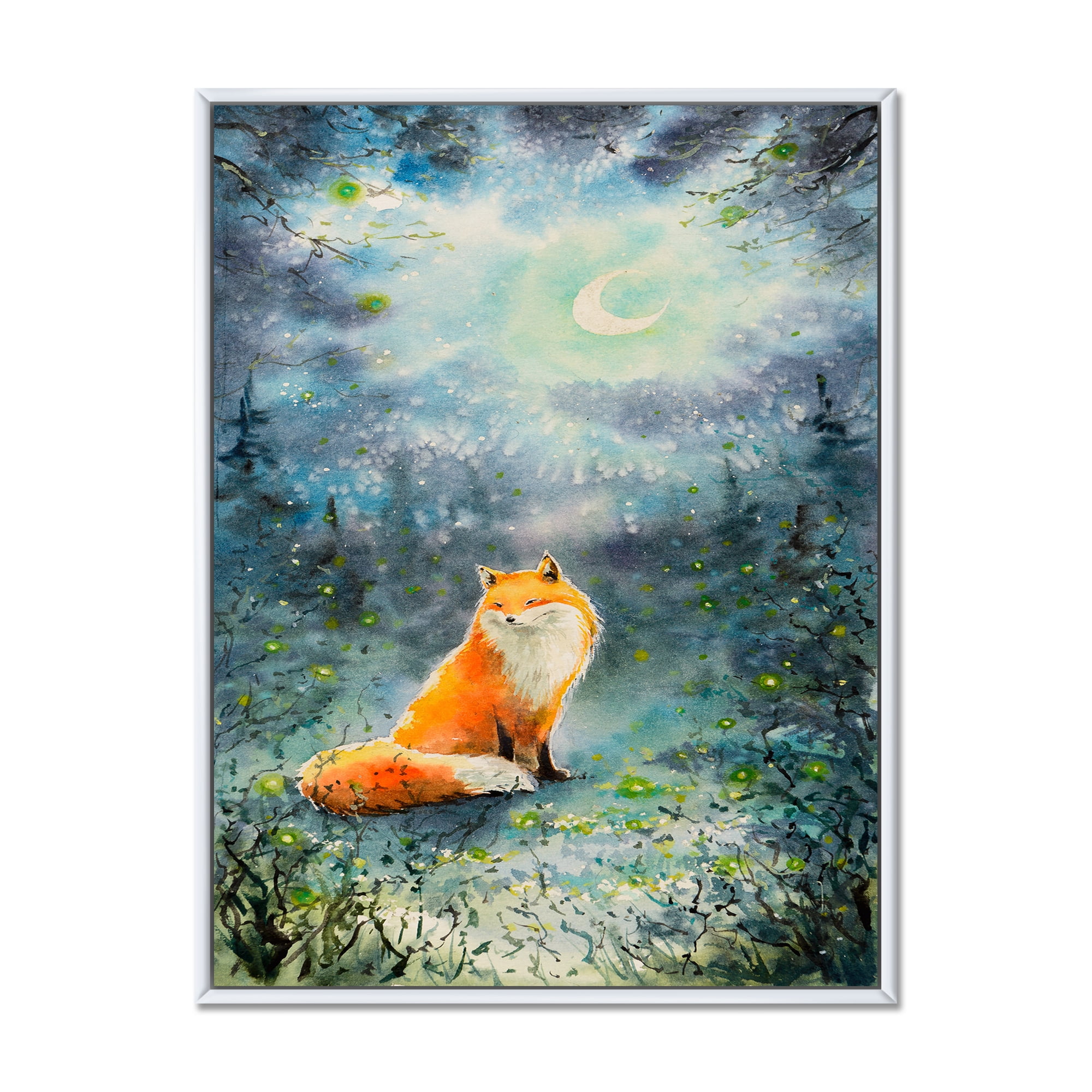 Designart 'Fox Over A Night Sky With Moon' Children's Art Framed Canvas Wall Art Print