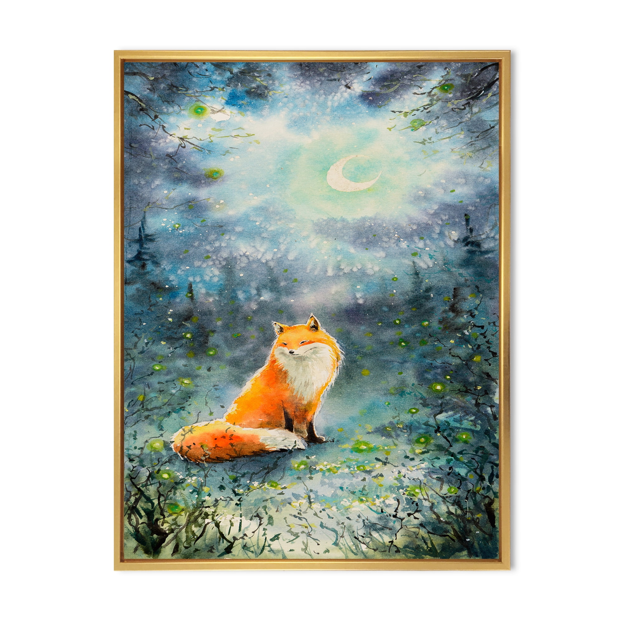 Designart 'Fox Over A Night Sky With Moon' Children's Art Framed Canvas Wall Art Print