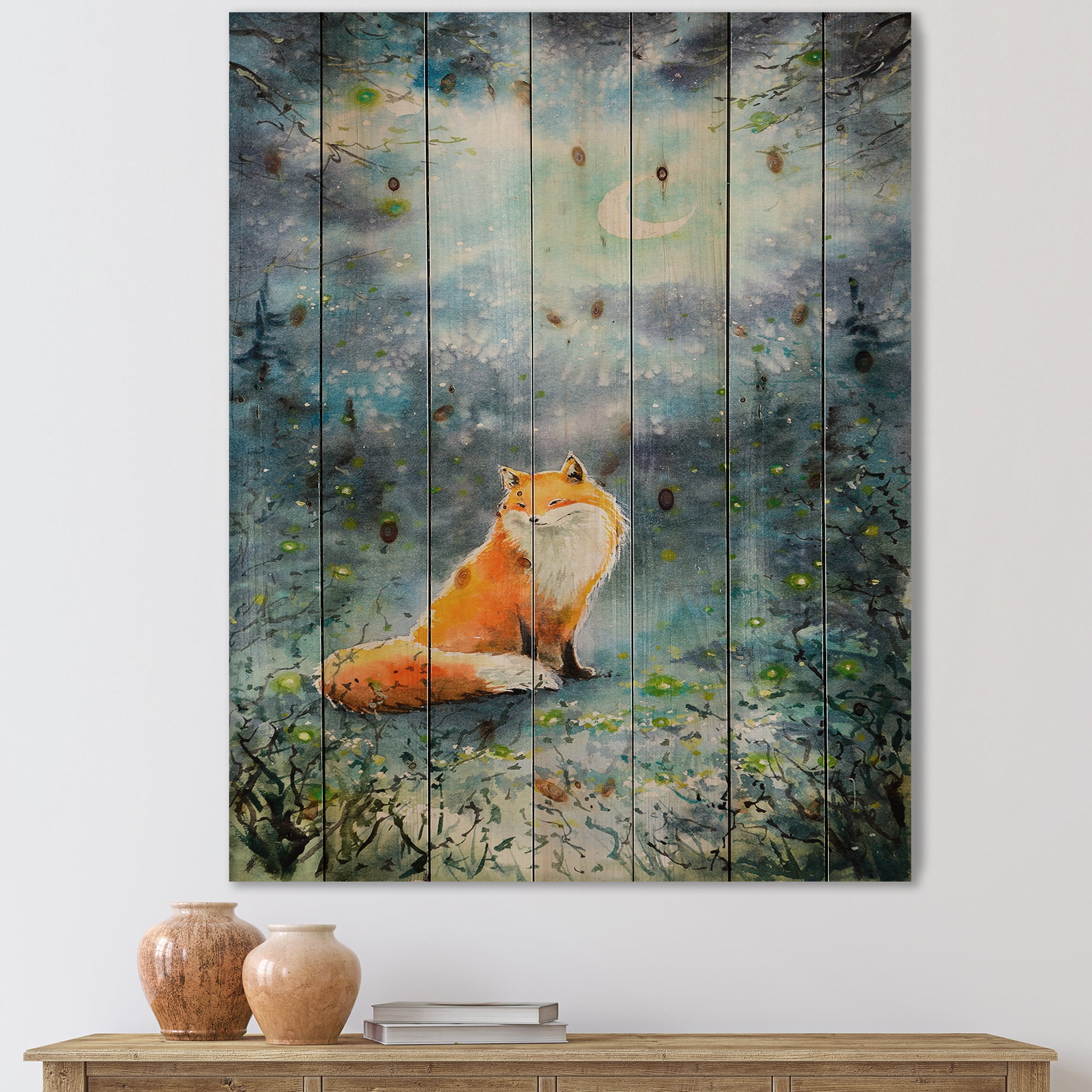 Designart 'Fox Over A Night Sky With Moon' Children's Art Print on Natural Pine Wood