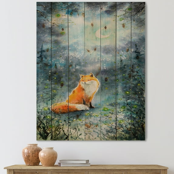 Designart 'Fox Over A Night Sky With Moon' Children's Art Print on Natural Pine Wood