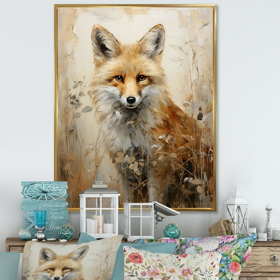 Designart "Fox Portrait In Minimalist Forest Setting" Animals Fox Floater Framed Wall Art Prints