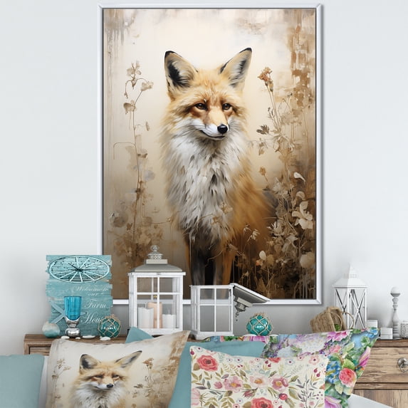 Designart "Fox Portrait In Minimalist Forest Setting I" Animals Fox Floater Framed Wall Art Living Room