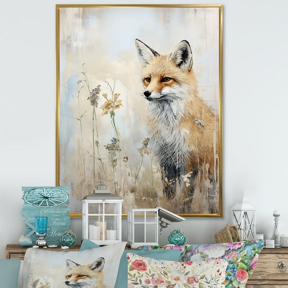 Designart "Fox Portrait In Minimalist Forest Setting II" Animals Fox Floater Framed Canvas Wall Art