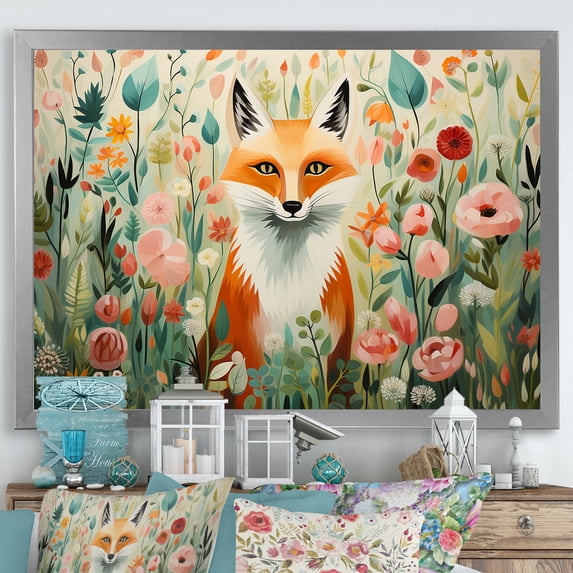 Designart "Fox in Matisse Style Orange and Pink IV" Animals Framed Wall Art Decor - Modern Farmhouse Orange Fox Entryway Framed Wall Art