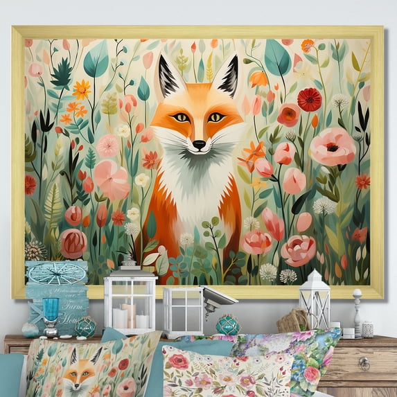 Designart "Fox in Matisse Style Orange and Pink IV" Animals Framed Wall Art Decor - Modern Farmhouse Orange Fox Entryway Framed Wall Art